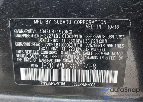 2019 Subaru Crosstrek 2.0I Limited из США, поврежденный, VIN JF2GTAMC0K8253468